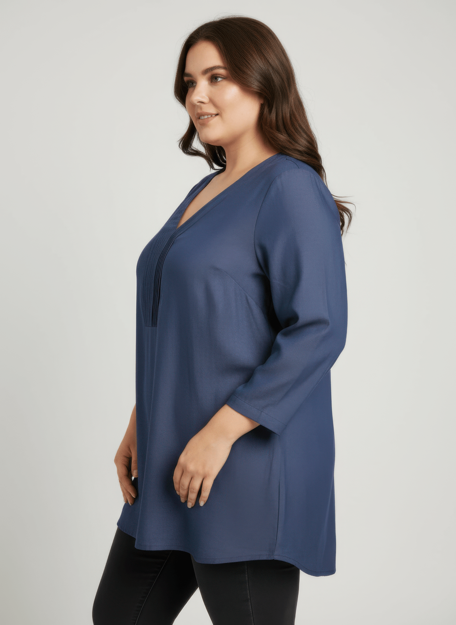 Pleated V - neck Three - quarter Sleeve Knit Top - Crowned Energy CO.