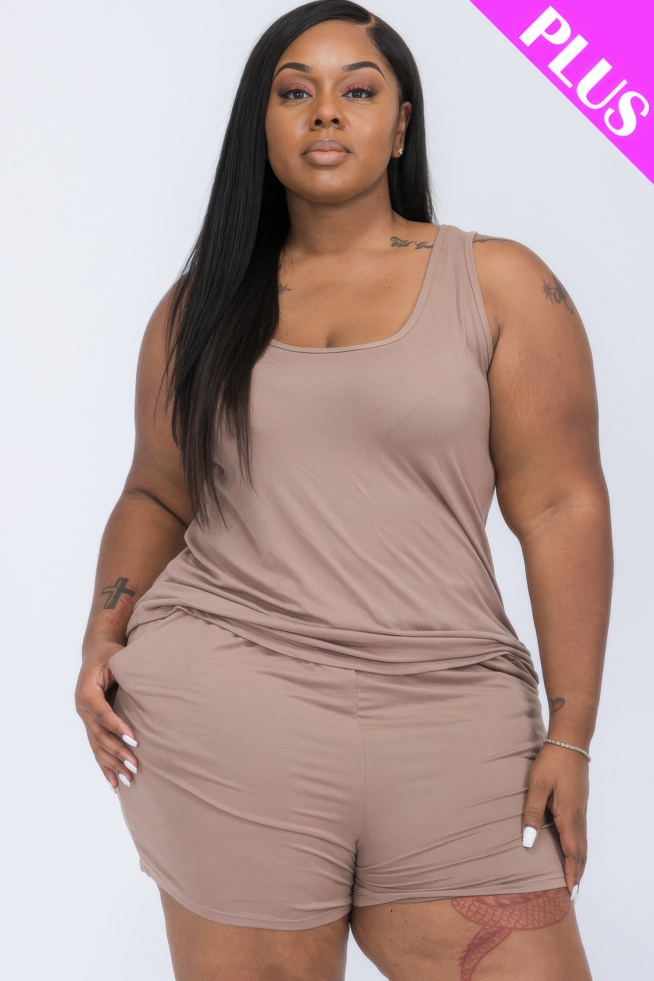 Crowned Energy CO. Taupe Gray / 1XL CCWHOLESALECLOTHING Activewear/Activewear Sets Plus Comfy Tank Top & Shorts Set