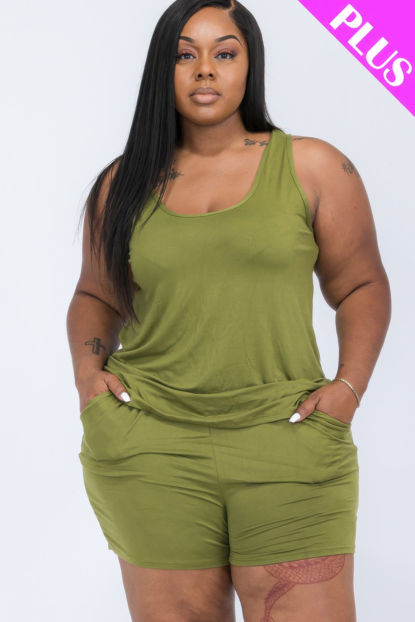 Crowned Energy CO. Olive Branch / 1XL CCWHOLESALECLOTHING Activewear/Activewear Sets Plus Comfy Tank Top & Shorts Set