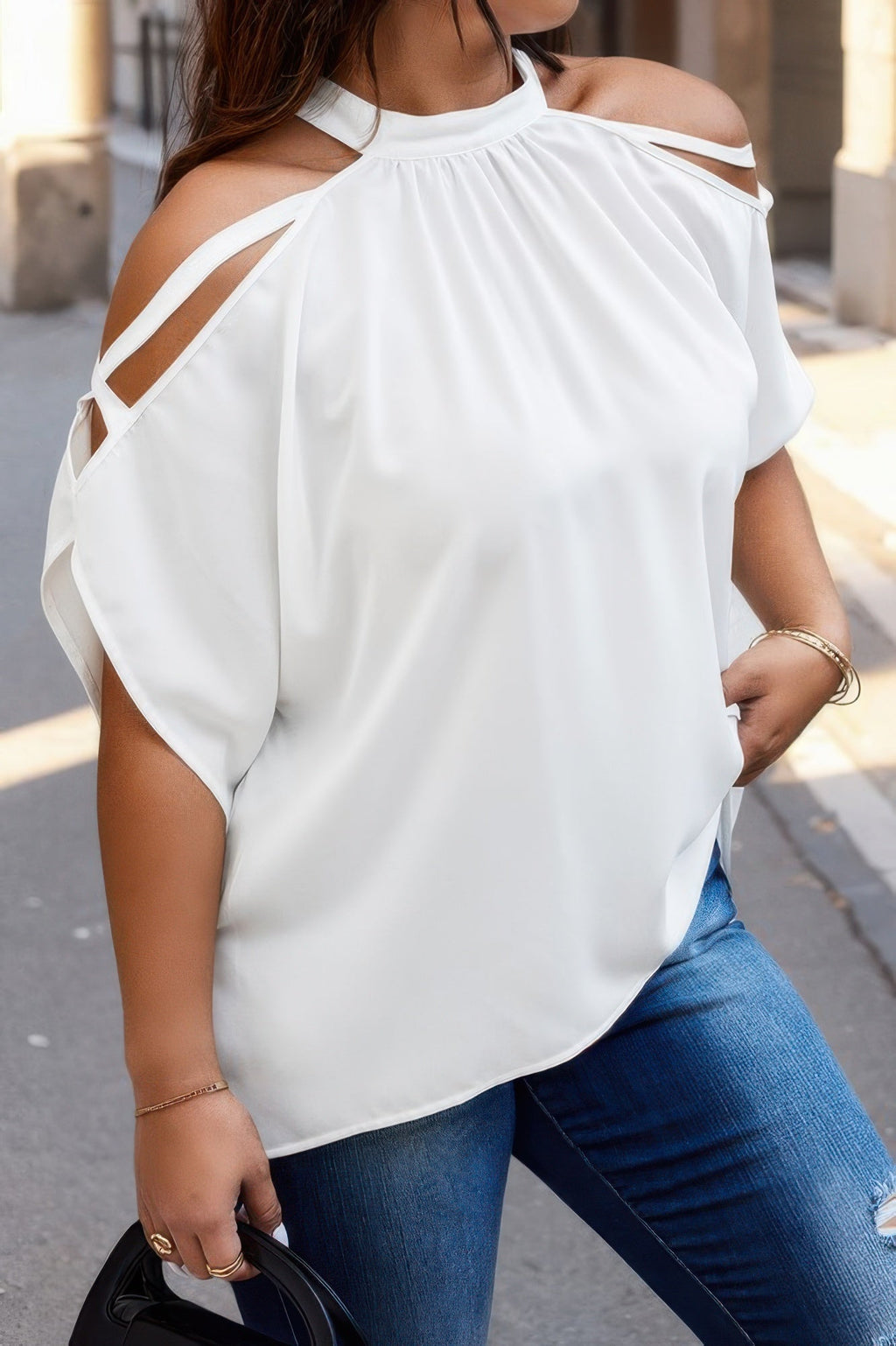 Crowned Energy CO. White / 0xl CCWHOLESALECLOTHING Halter Goddess Flow Halter Top – Plus Size Off-Shoulder Batwing Sleeve Blouse