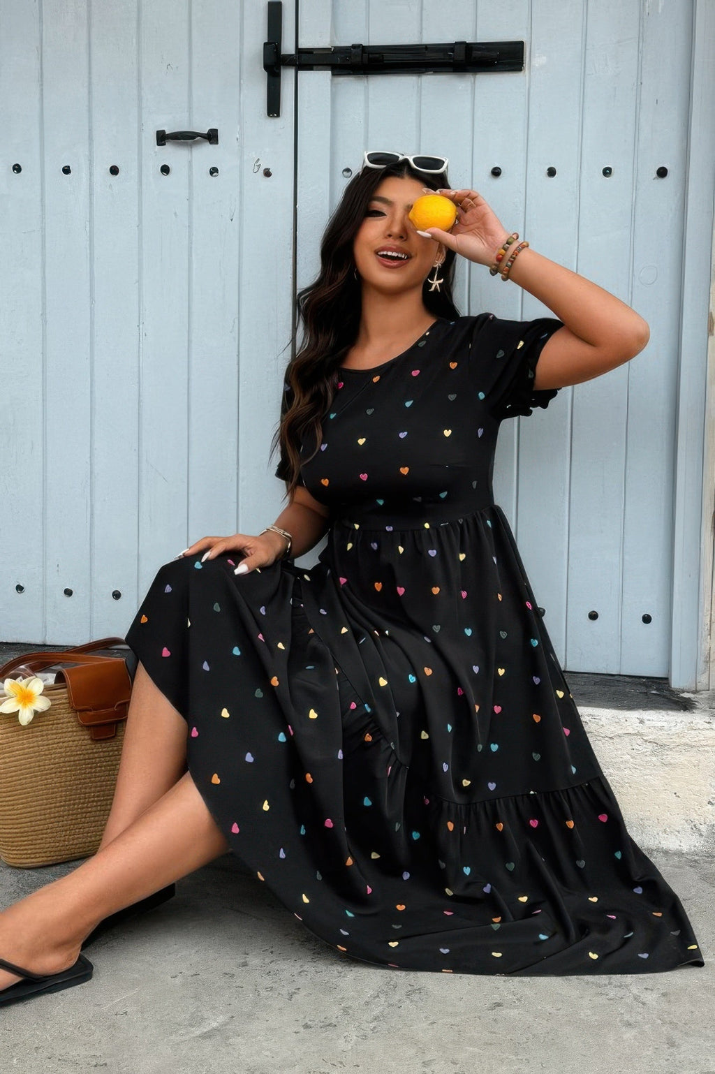 Crowned Energy CO. Black / 0xl CCWHOLESALECLOTHING Plus Heart Print Round Neck Ruffle Hem Dress