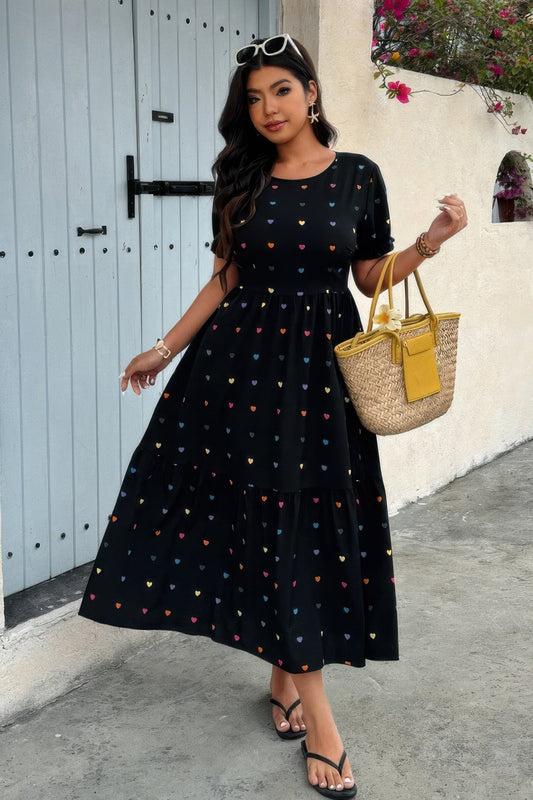 Crowned Energy CO. Black / 0xl CCWHOLESALECLOTHING Plus Heart Print Round Neck Ruffle Hem Dress