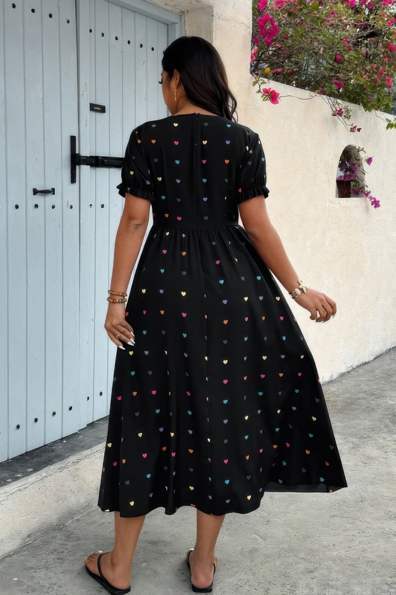 Crowned Energy CO. Black / 0xl CCWHOLESALECLOTHING Plus Heart Print Round Neck Ruffle Hem Dress