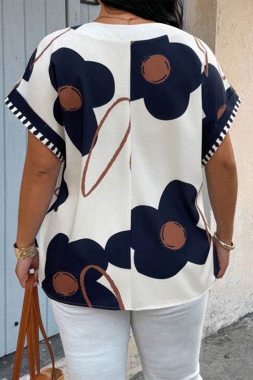 Plus Size Abstract Print Notch V-Neck Short Sleeve Top - Crowned Energy CO.