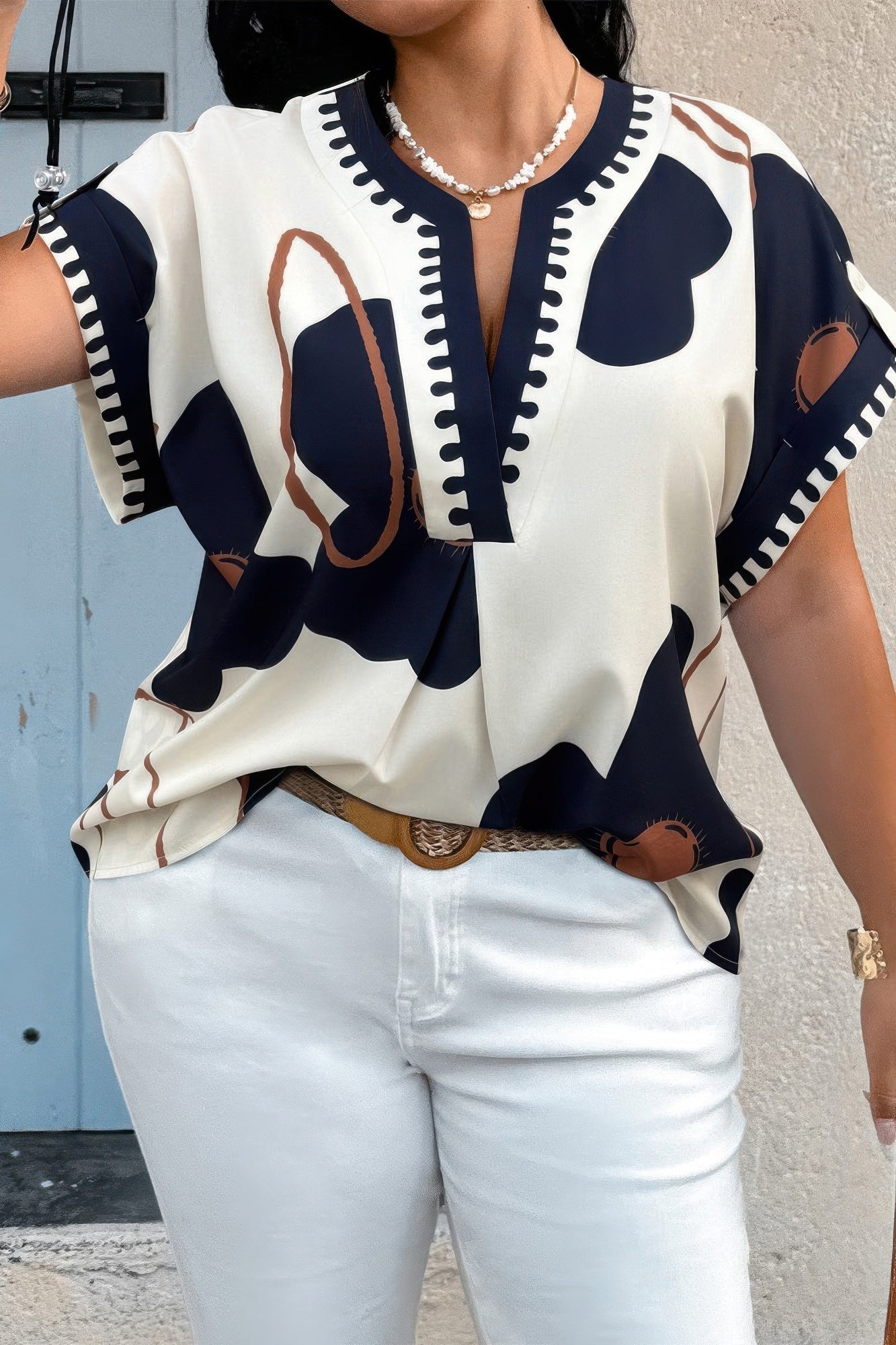 Plus Size Abstract Print Notch V-Neck Short Sleeve Top - Crowned Energy CO.