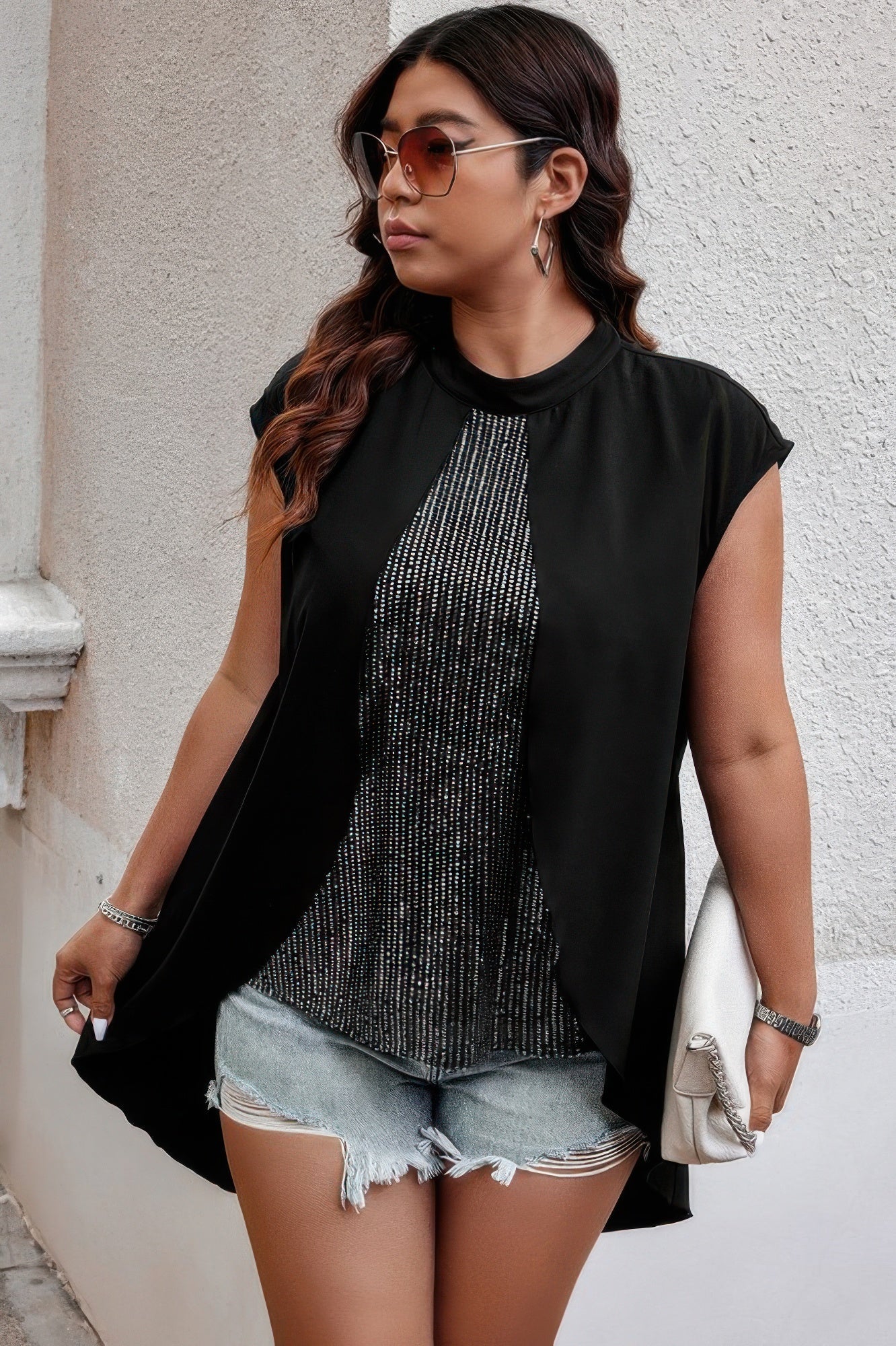 Crowned Energy CO. Black / 0xl CCWHOLESALECLOTHING Shirt Plus Size Asymmetrical Hem Sparkly Patchwork Shirt