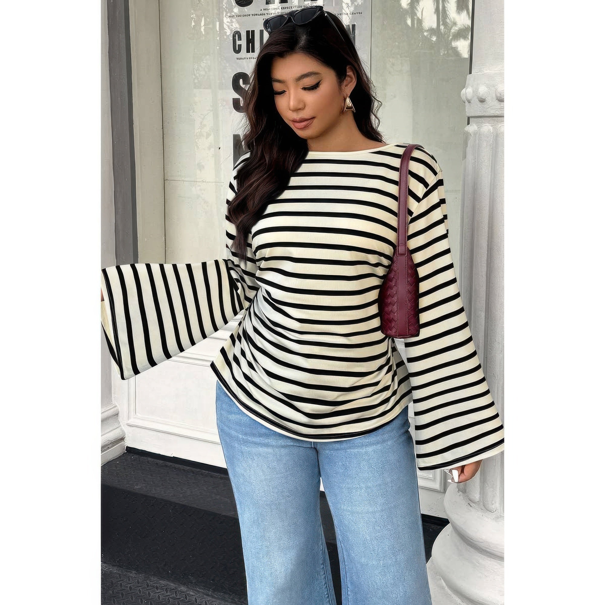 Plus Size Black & White Striped Wide Sleeve Top - Crowned Energy CO.