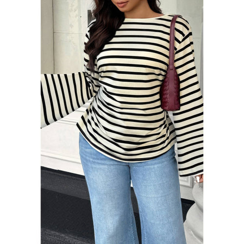 Plus Size Black & White Striped Wide Sleeve Top - Crowned Energy CO.