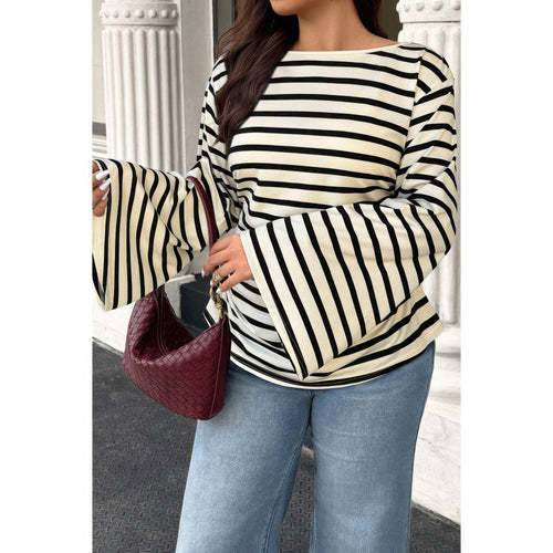 Plus Size Black & White Striped Wide Sleeve Top - Crowned Energy CO.