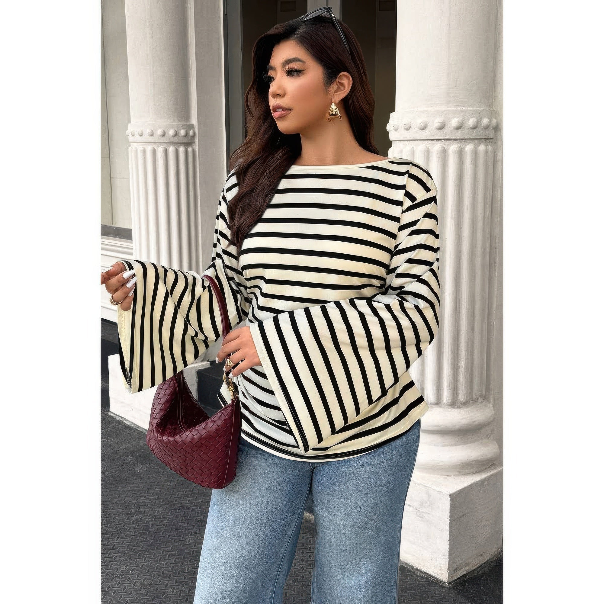 Plus Size Black & White Striped Wide Sleeve Top - Crowned Energy CO.