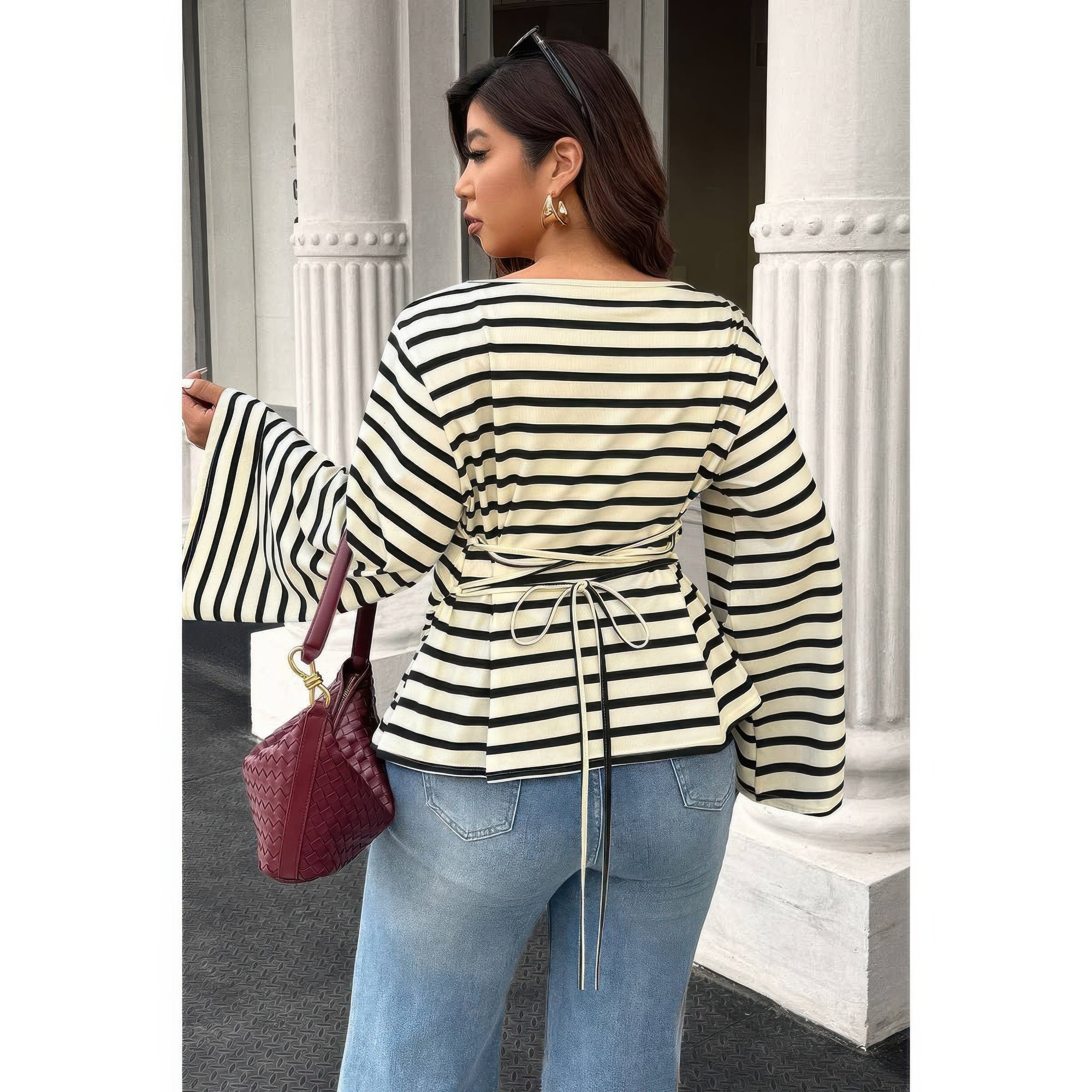 Plus Size Black & White Striped Wide Sleeve Top - Crowned Energy CO.