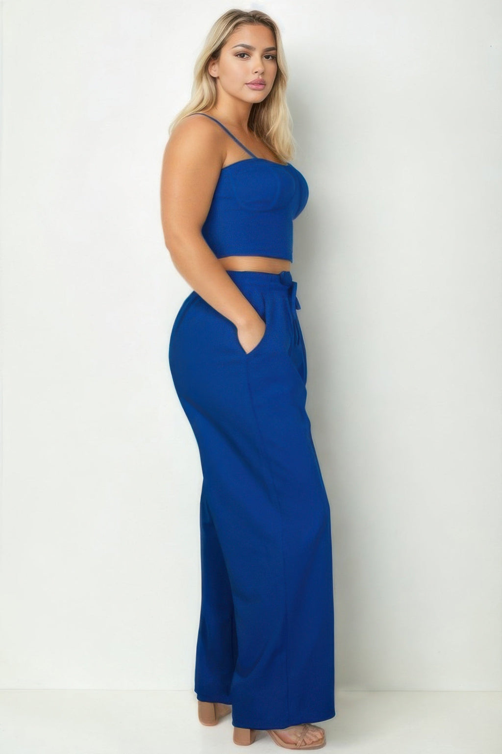 Crowned Energy CO. Royal / 1XL CCWHOLESALECLOTHING OUTFIT SET Plus Size Bustier Crop Cami Top & Slant Pocket Straight Pants