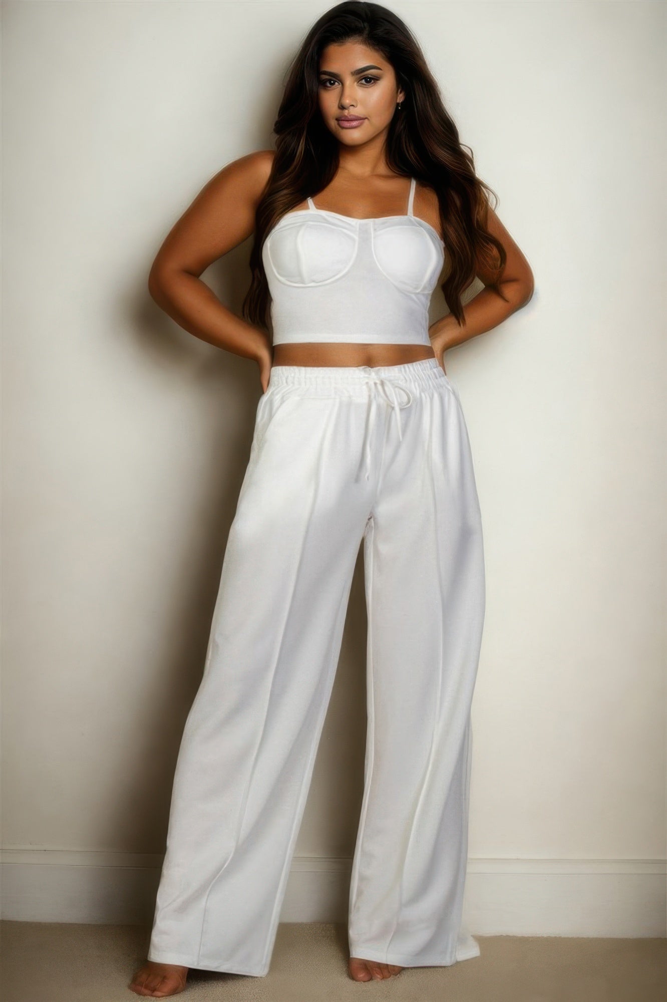 Crowned Energy CO. White / 1XL CCWHOLESALECLOTHING OUTFIT SET Plus Size Bustier Crop Cami Top & Slant Pocket Straight Pants