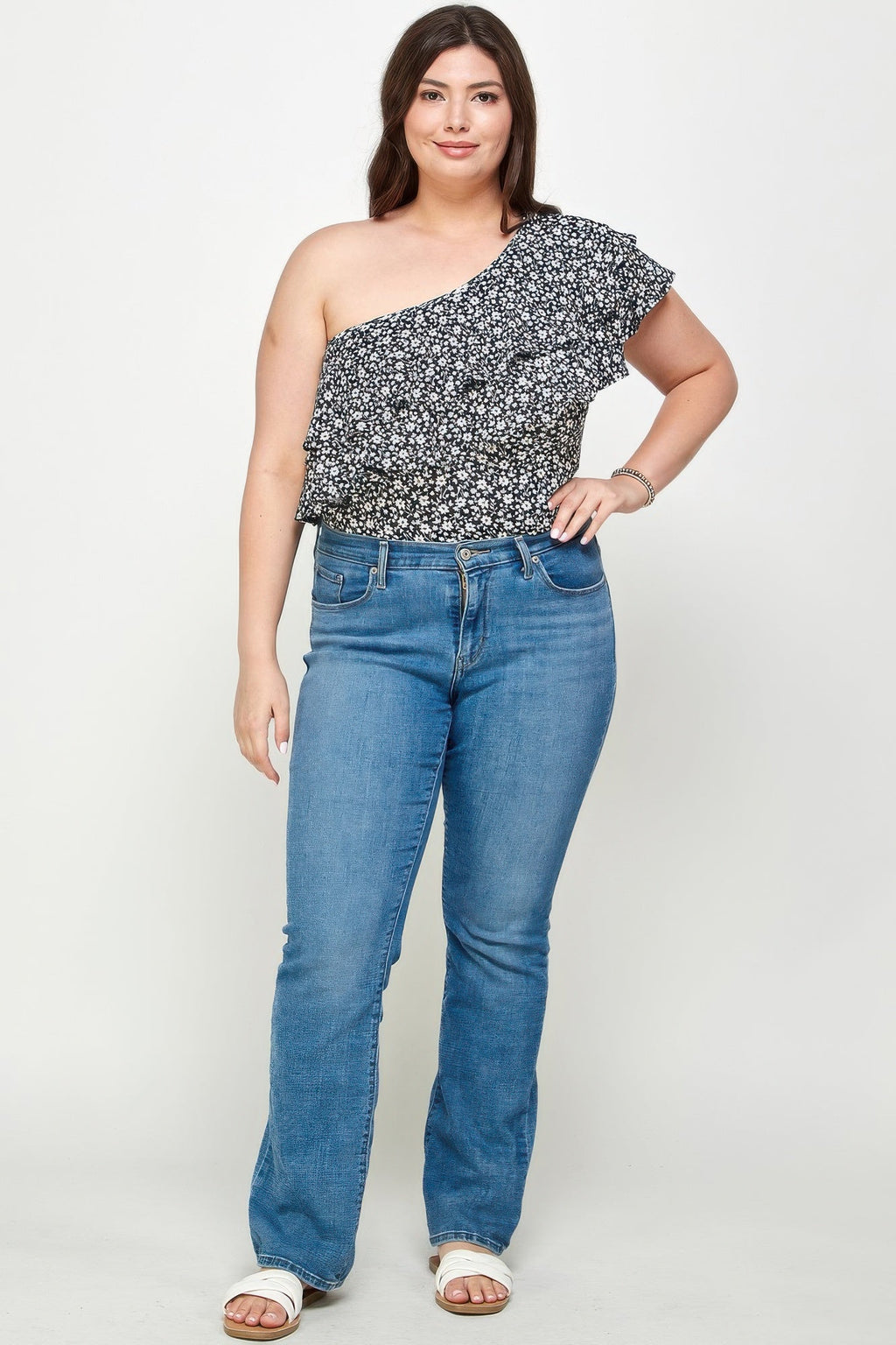 Plus Size Ditsy Floral One Shoulder Bodysuit - Crowned Energy CO.