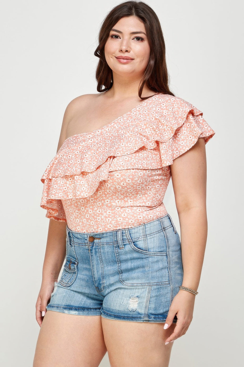Plus Size Ditsy Floral One Shoulder Bodysuit - Crowned Energy CO.