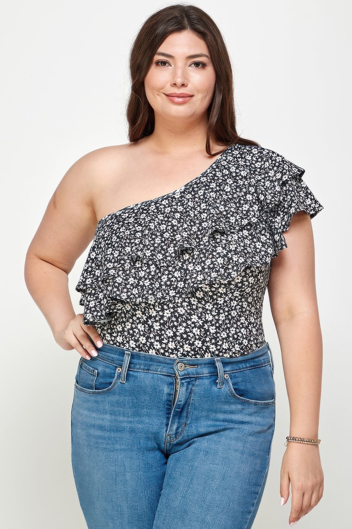 Plus Size Ditsy Floral One Shoulder Bodysuit - Crowned Energy CO.