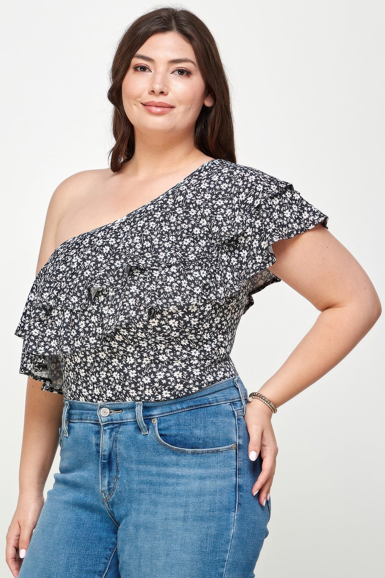 Plus Size Ditsy Floral One Shoulder Bodysuit - Crowned Energy CO.