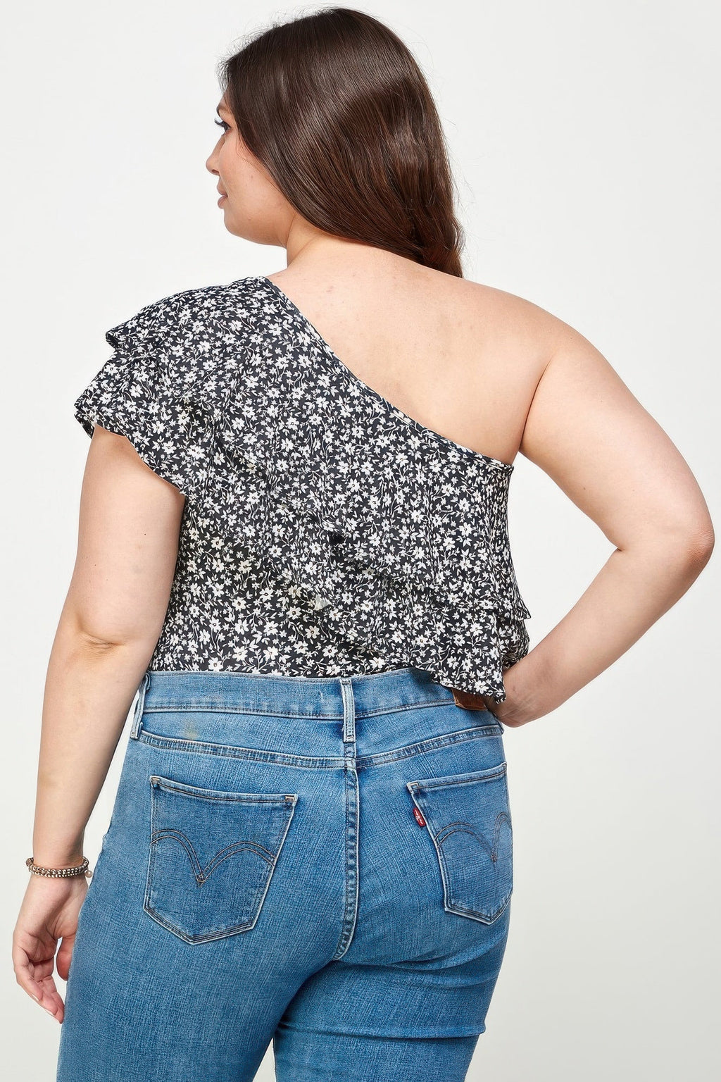 Plus Size Ditsy Floral One Shoulder Bodysuit - Crowned Energy CO.