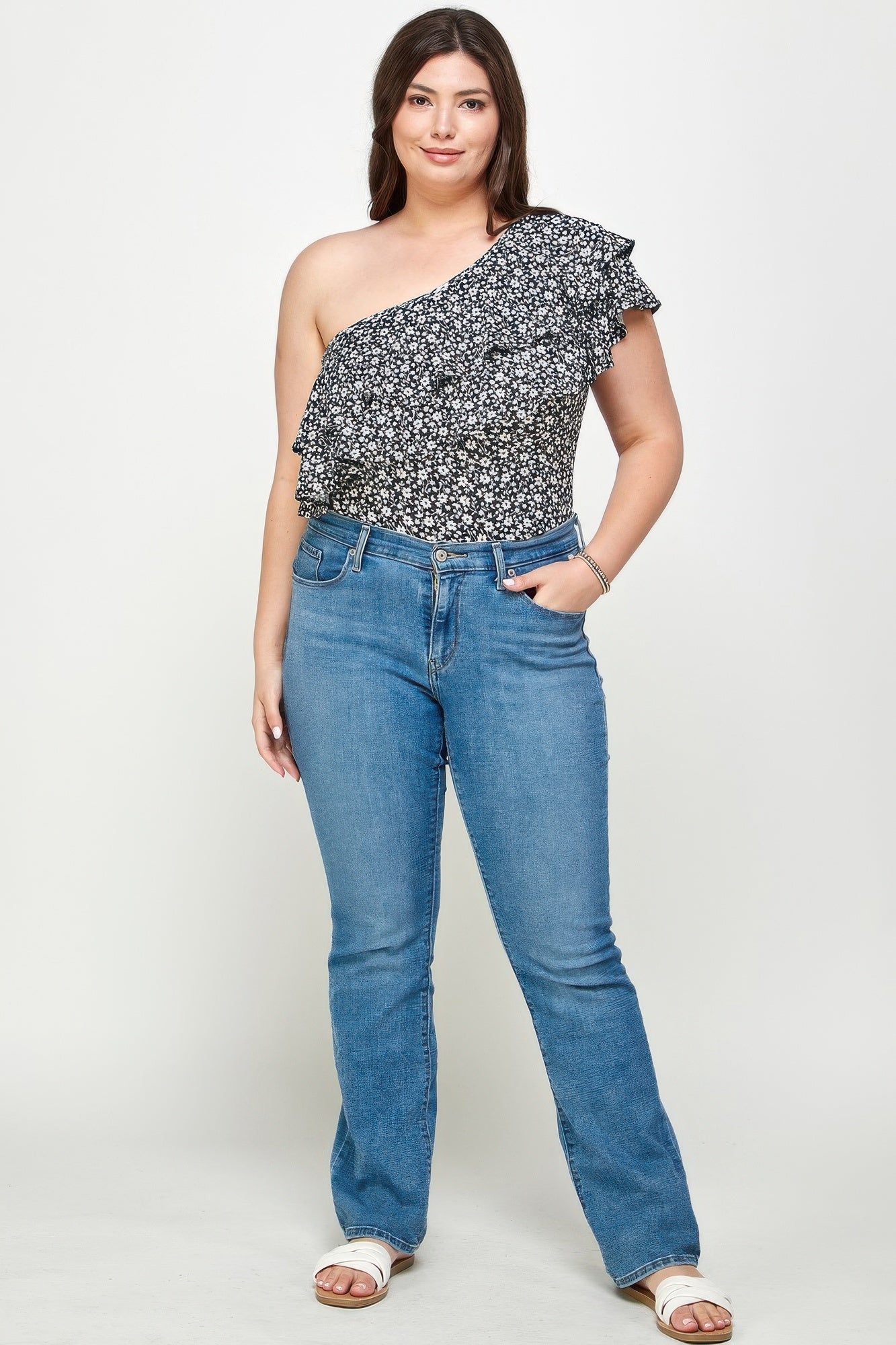 Plus Size Ditsy Floral One Shoulder Bodysuit - Crowned Energy CO.