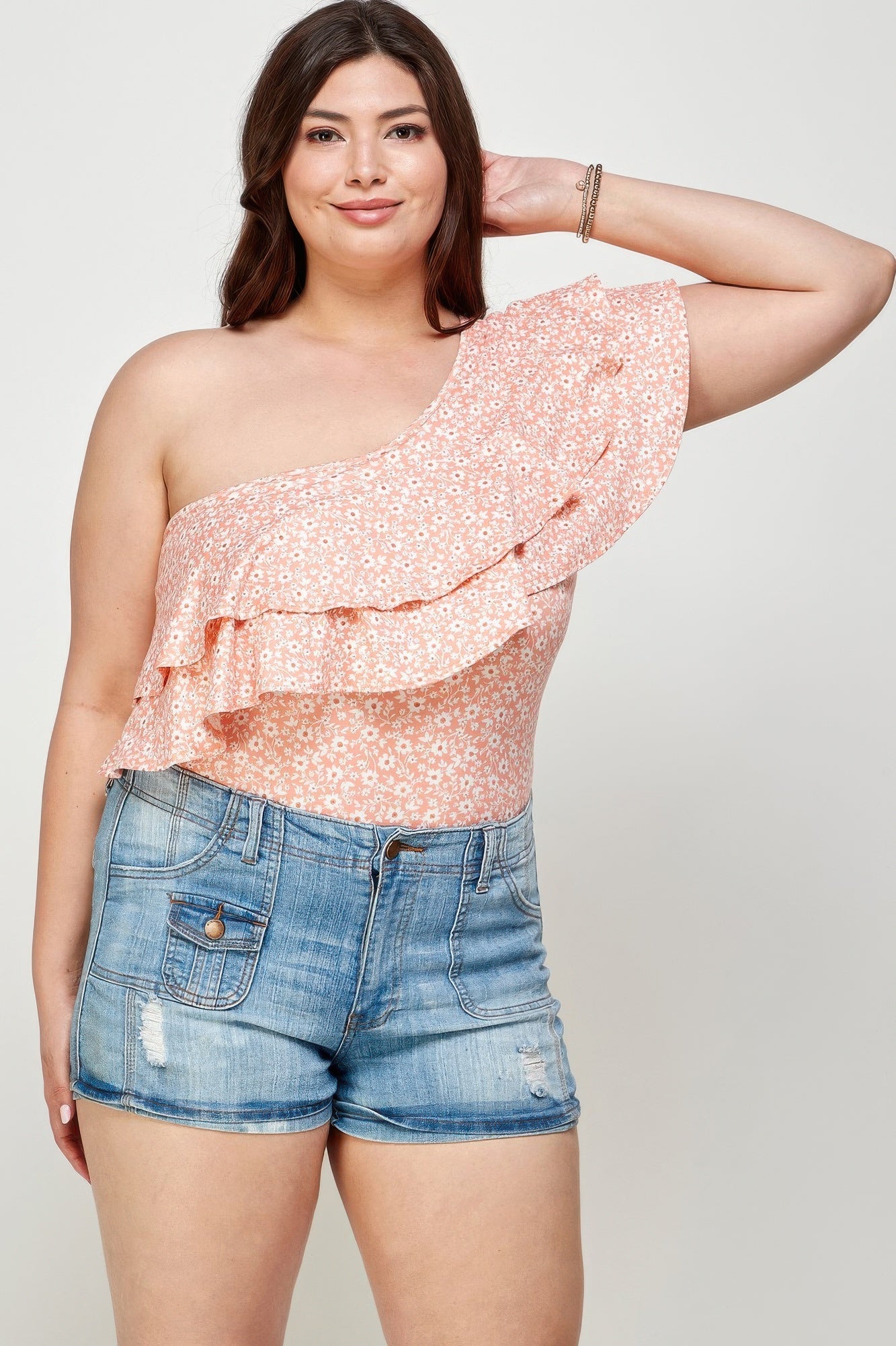 Plus Size Ditsy Floral One Shoulder Bodysuit - Crowned Energy CO.
