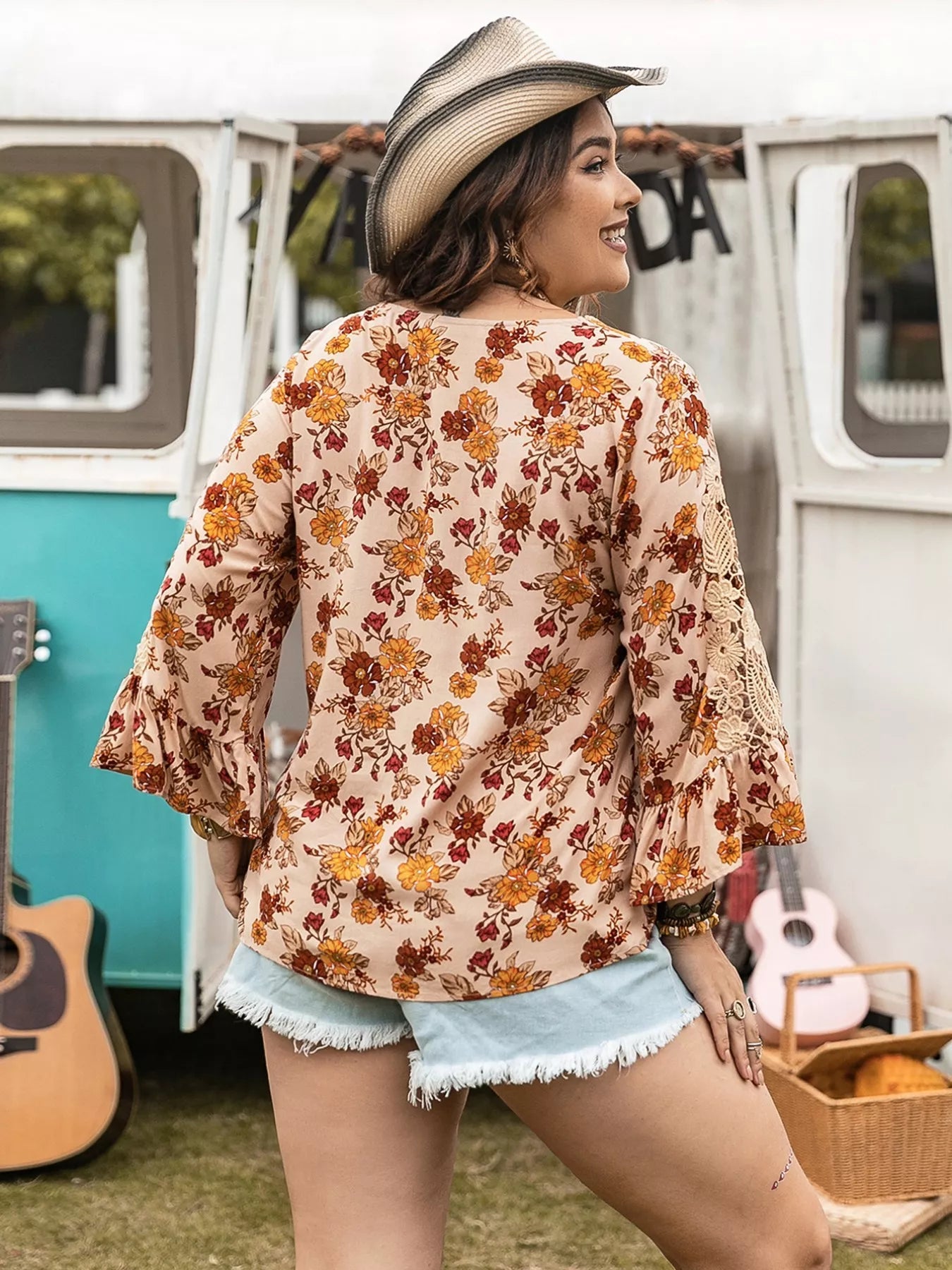 Crowned Energy CO. Floral / 0XL Trendsi Plus Size/Plus Size Tops/Plus Size Blouses & Shirts Plus Size Floral Lace Detail V-Neck Blouse