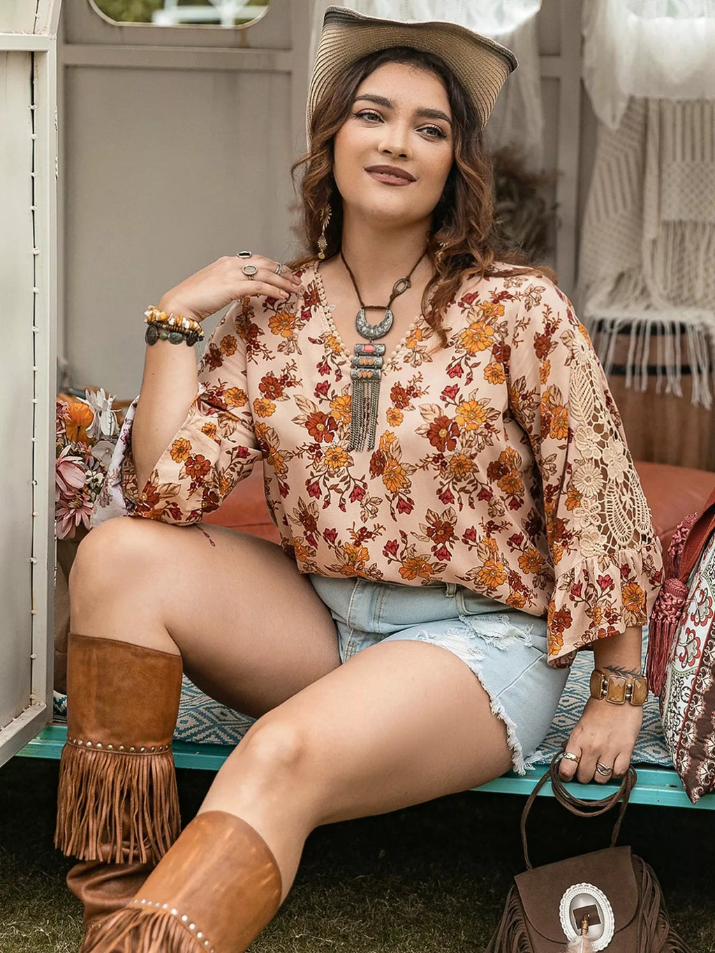 Crowned Energy CO. Floral / 0XL Trendsi Plus Size/Plus Size Tops/Plus Size Blouses & Shirts Plus Size Floral Lace Detail V-Neck Blouse