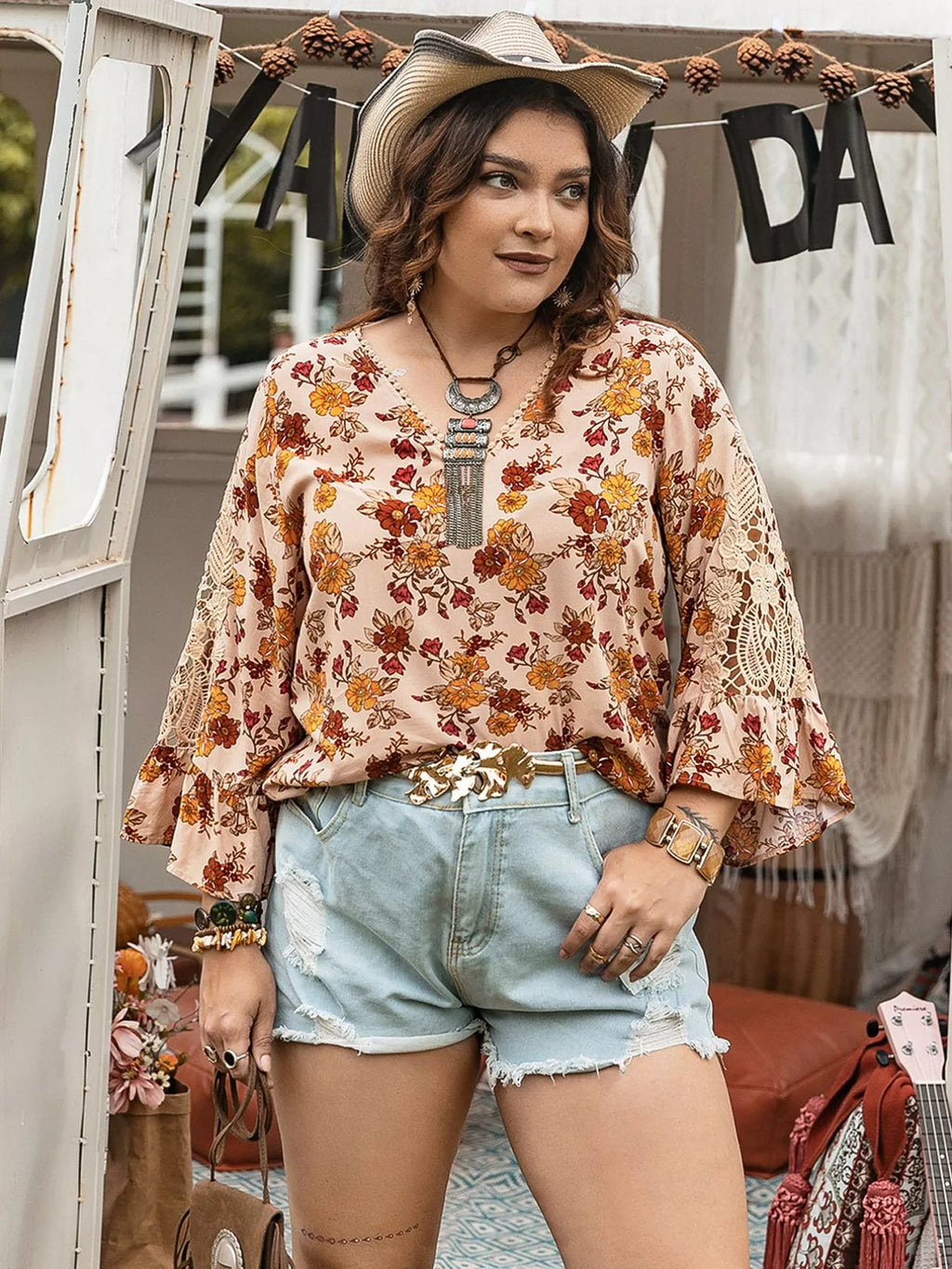Crowned Energy CO. Floral / 0XL Trendsi Plus Size/Plus Size Tops/Plus Size Blouses & Shirts Plus Size Floral Lace Detail V-Neck Blouse