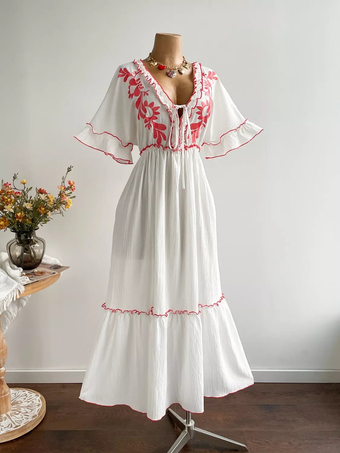 Crowned Energy CO. White / 0XL Trendsi Dresses Plus Size Front Tie Maxi Dress with Floral Embroidered