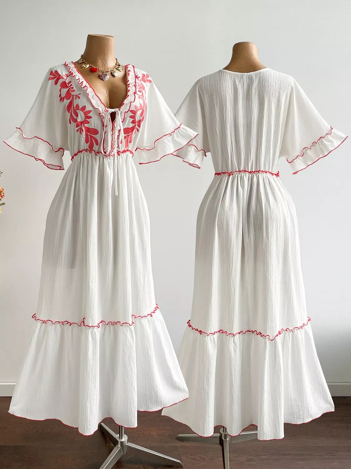 Crowned Energy CO. White / 0XL Trendsi Dresses Plus Size Front Tie Maxi Dress with Floral Embroidered