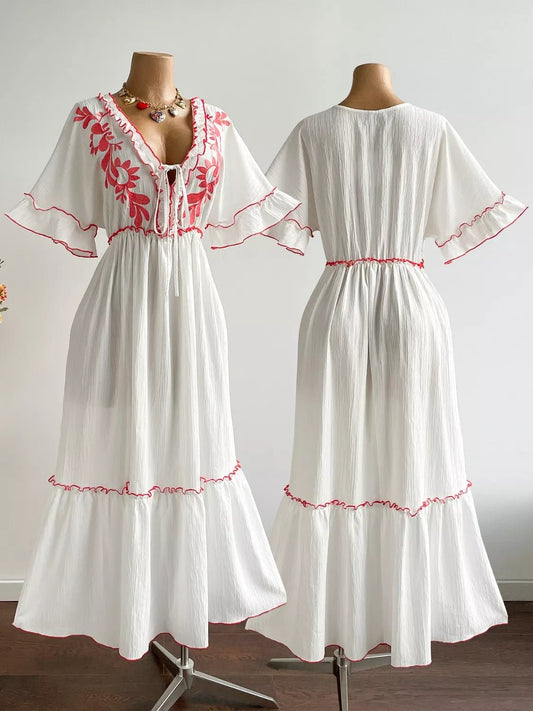 Crowned Energy CO. White / 0XL Trendsi Dresses Plus Size Front Tie Maxi Dress with Floral Embroidered