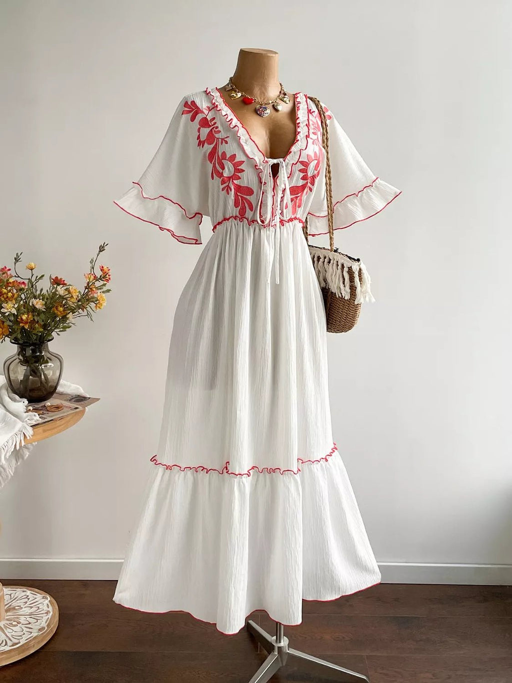 Crowned Energy CO. White / 0XL Trendsi Dresses Plus Size Front Tie Maxi Dress with Floral Embroidered