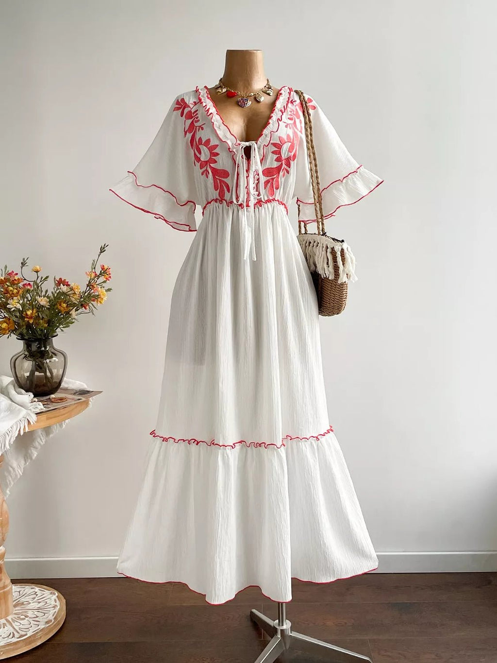 Crowned Energy CO. White / 0XL Trendsi Dresses Plus Size Front Tie Maxi Dress with Floral Embroidered