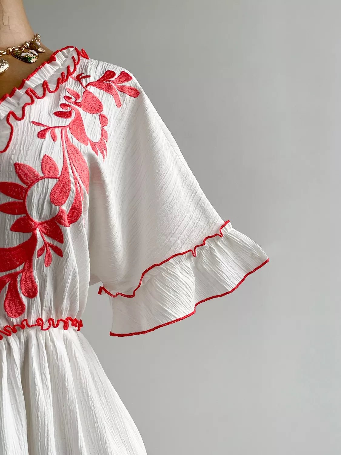 Crowned Energy CO. White / 0XL Trendsi Dresses Plus Size Front Tie Maxi Dress with Floral Embroidered