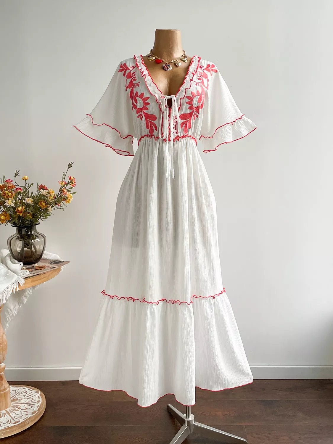 Crowned Energy CO. White / 0XL Trendsi Dresses Plus Size Front Tie Maxi Dress with Floral Embroidered