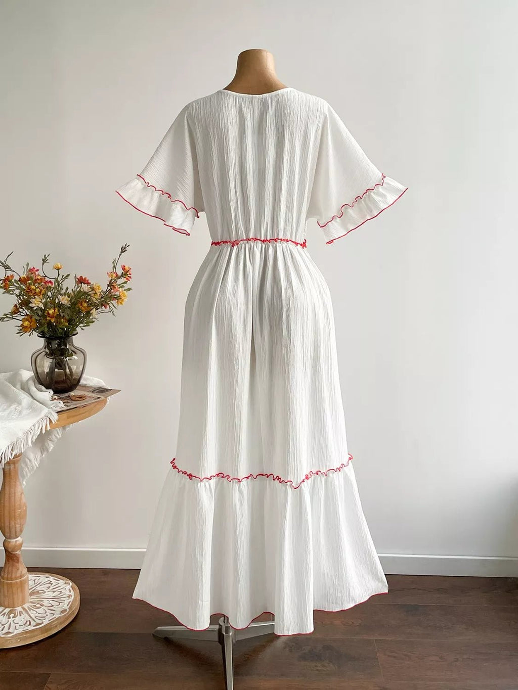 Crowned Energy CO. White / 0XL Trendsi Dresses Plus Size Front Tie Maxi Dress with Floral Embroidered