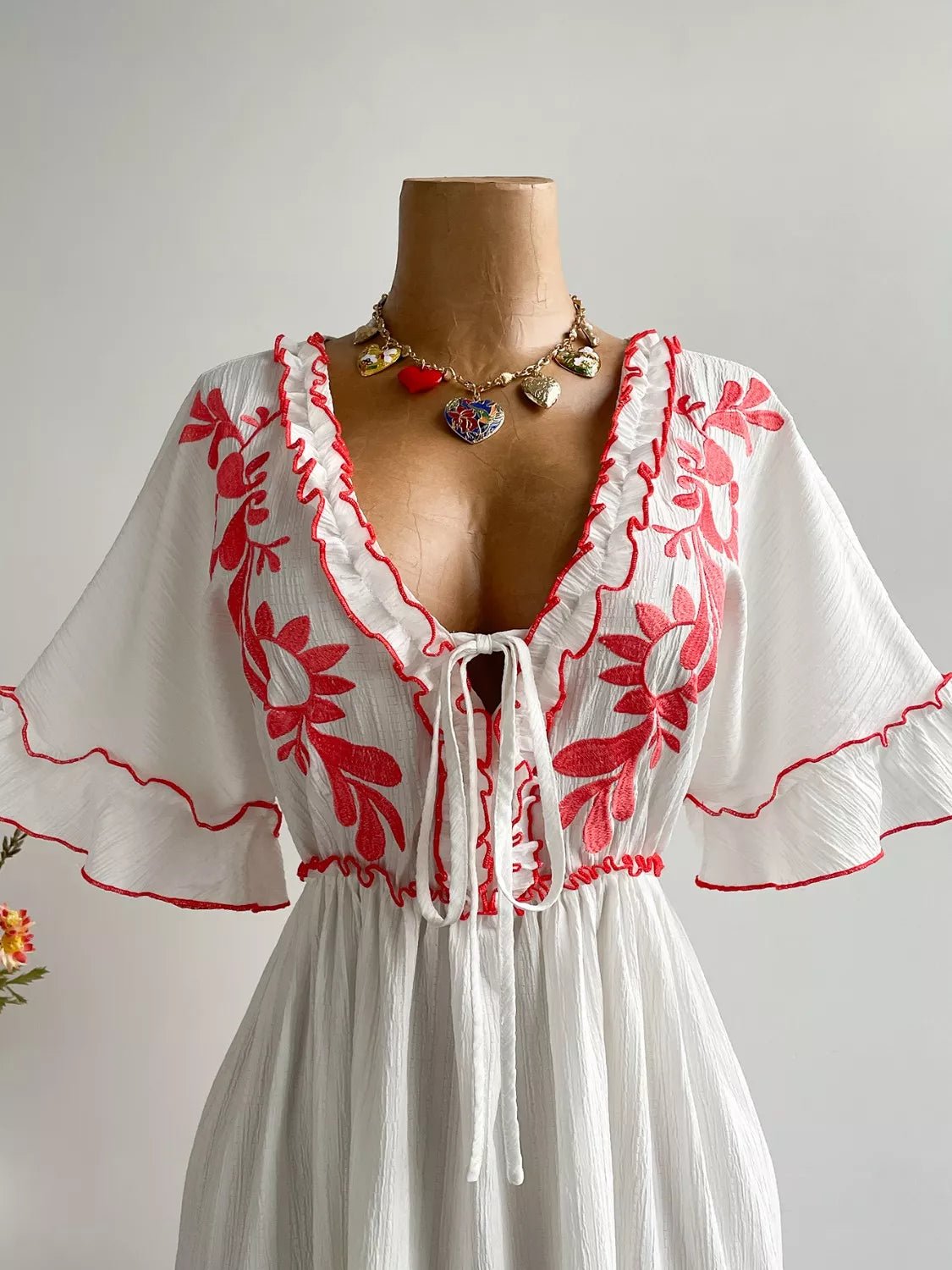 Crowned Energy CO. White / 0XL Trendsi Dresses Plus Size Front Tie Maxi Dress with Floral Embroidered