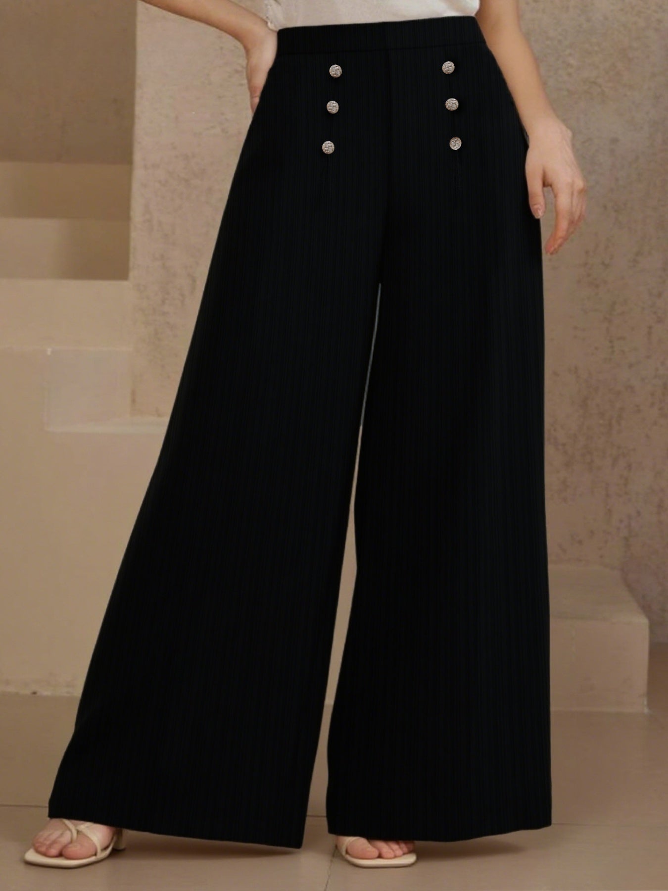 Plus Size High Waist Wide Leg Button Decor Pants - Crowned Energy CO.