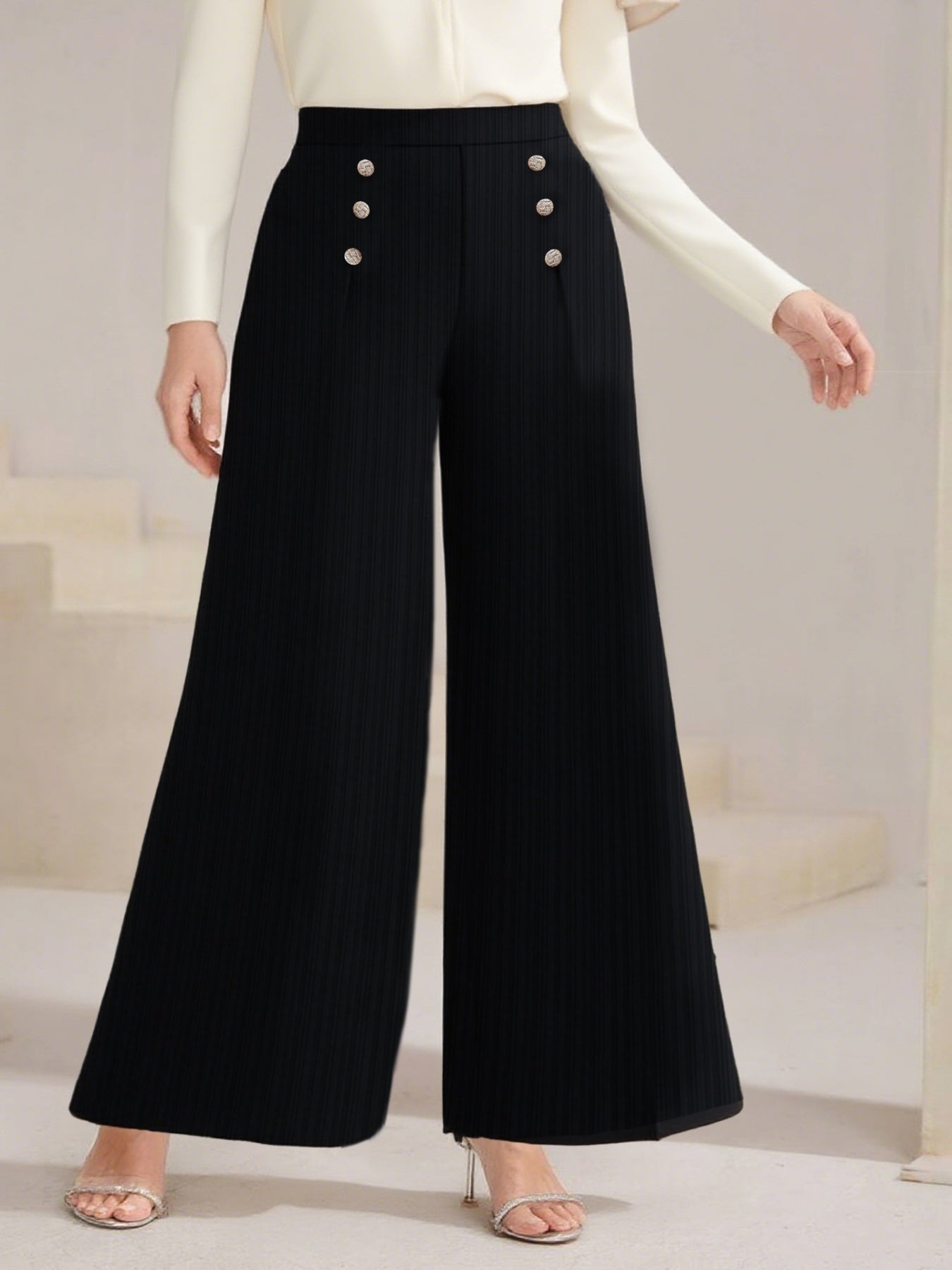 Plus Size High Waist Wide Leg Button Decor Pants - Crowned Energy CO.