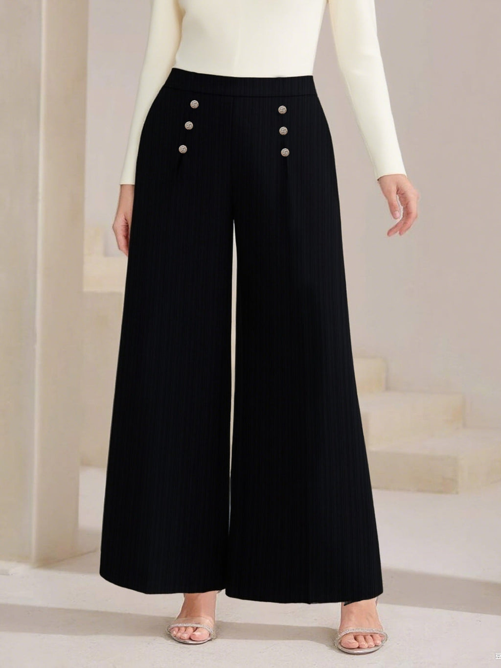 Plus Size High Waist Wide Leg Button Decor Pants - Crowned Energy CO.
