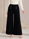Plus Size High Waist Wide Leg Button Decor Pants - Crowned Energy CO.