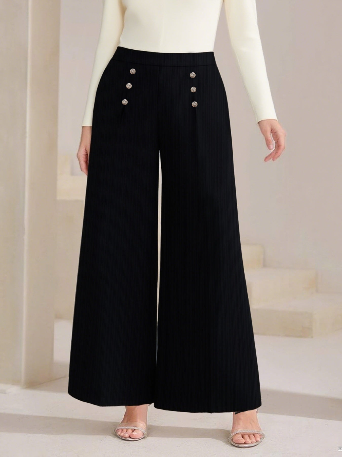 Plus Size High Waist Wide Leg Button Decor Pants - Crowned Energy CO.