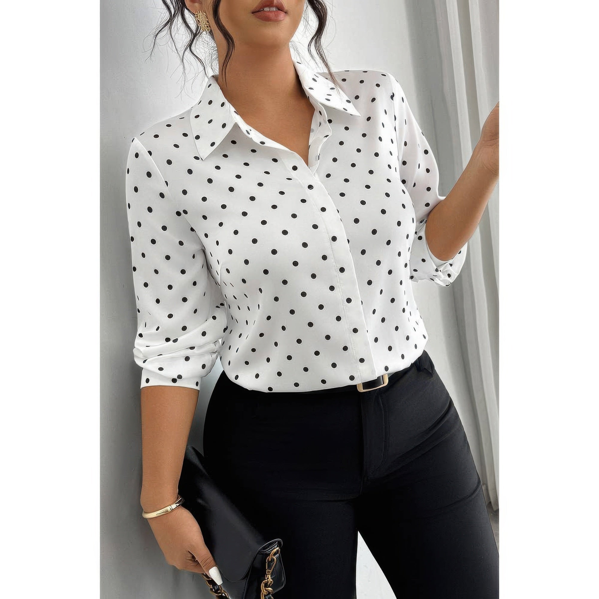 Plus Size Polka Dot Button-Up Long Sleeve Blouse - Crowned Energy CO.
