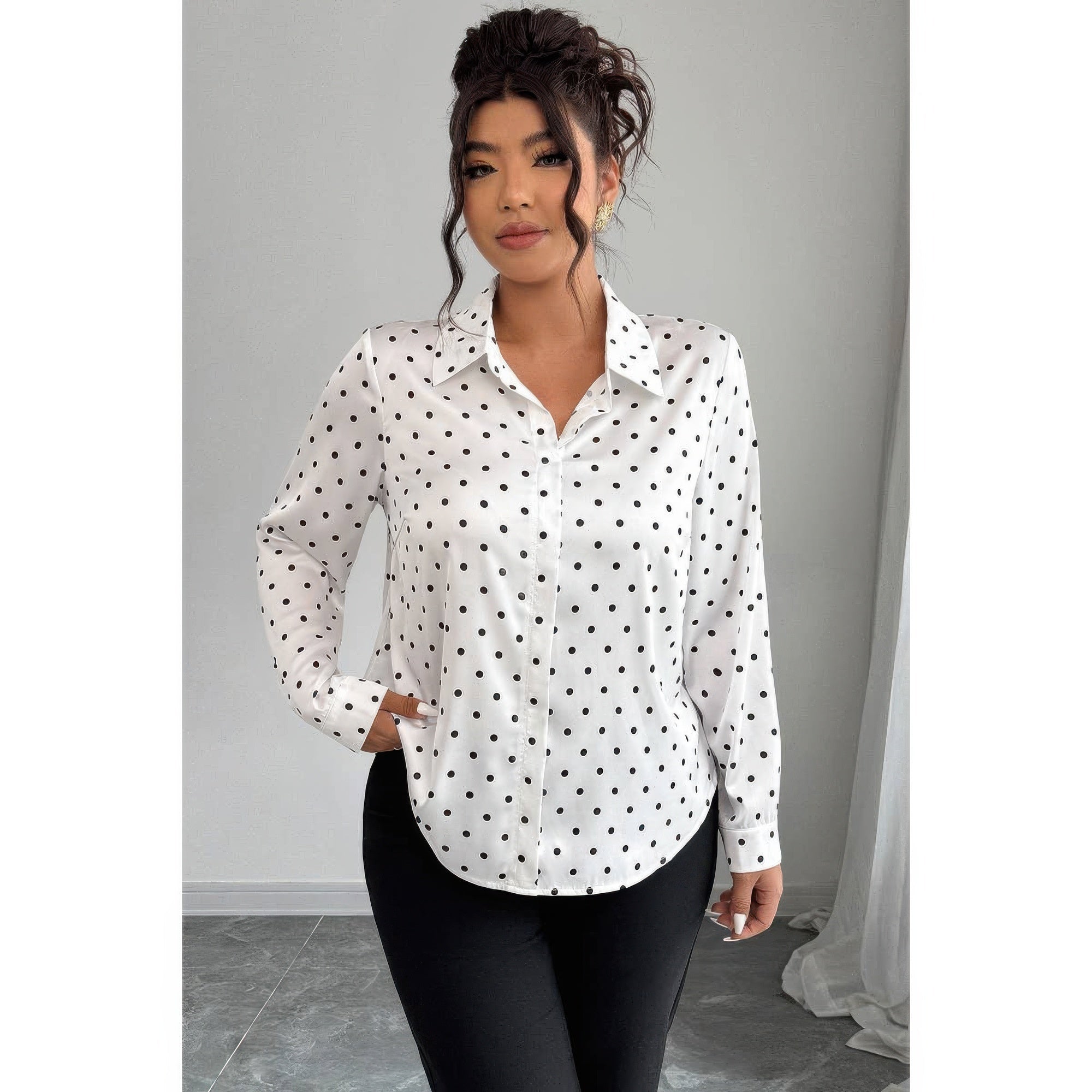 Plus Size Polka Dot Button-Up Long Sleeve Blouse - Crowned Energy CO.