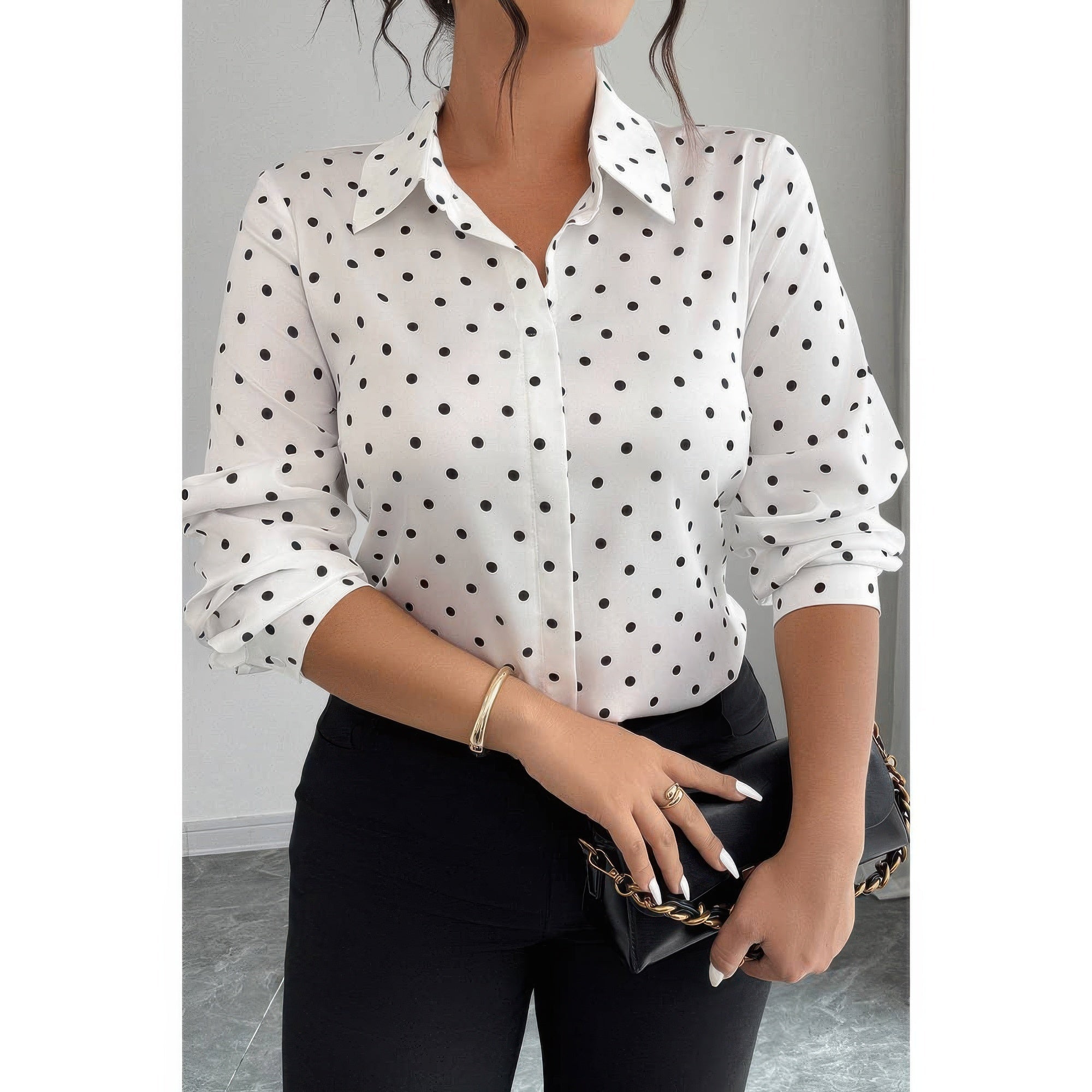Plus Size Polka Dot Button-Up Long Sleeve Blouse - Crowned Energy CO.
