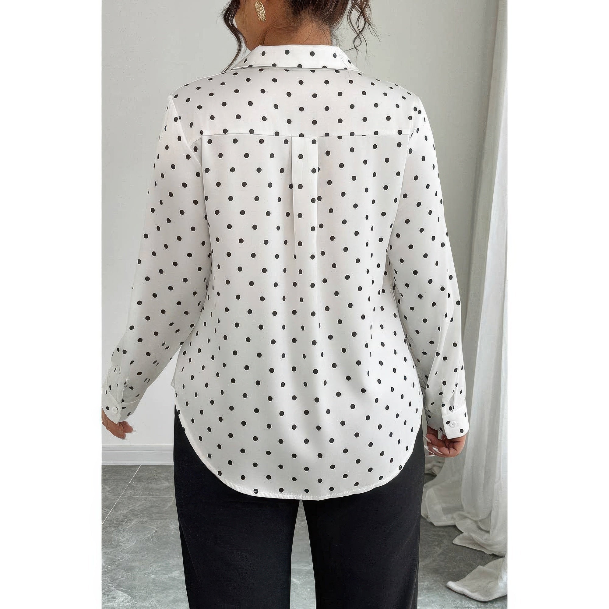 Plus Size Polka Dot Button-Up Long Sleeve Blouse - Crowned Energy CO.