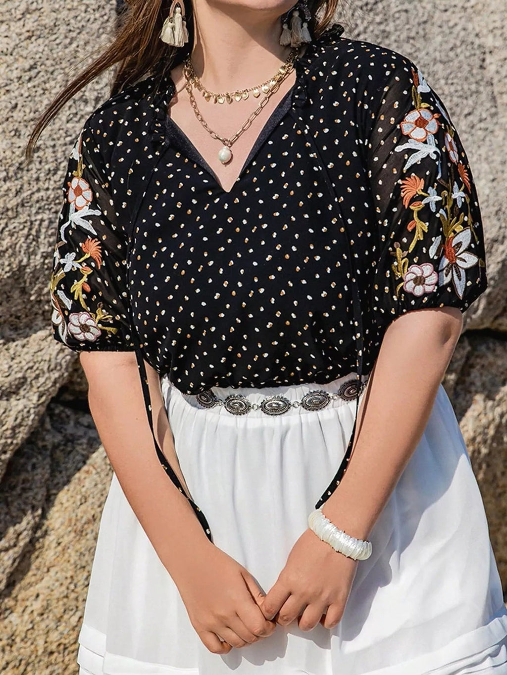 Crowned Energy CO. Black / 0XL Trendsi Plus Size/Plus Size Tops/Plus Size Blouses & Shirts Plus Size Printed Tie Neck Half Sleeve Blouse
