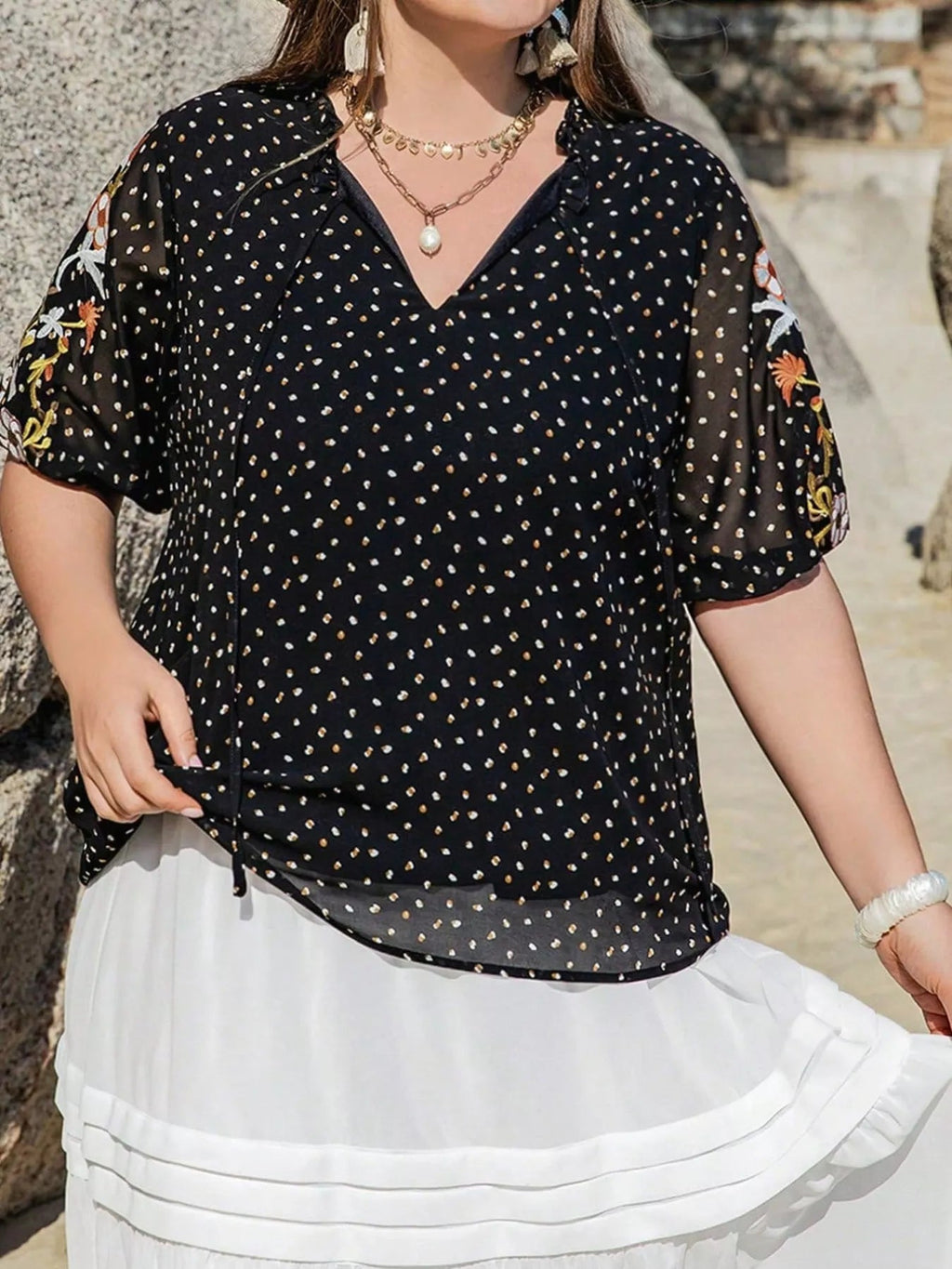 Crowned Energy CO. Black / 0XL Trendsi Plus Size/Plus Size Tops/Plus Size Blouses & Shirts Plus Size Printed Tie Neck Half Sleeve Blouse