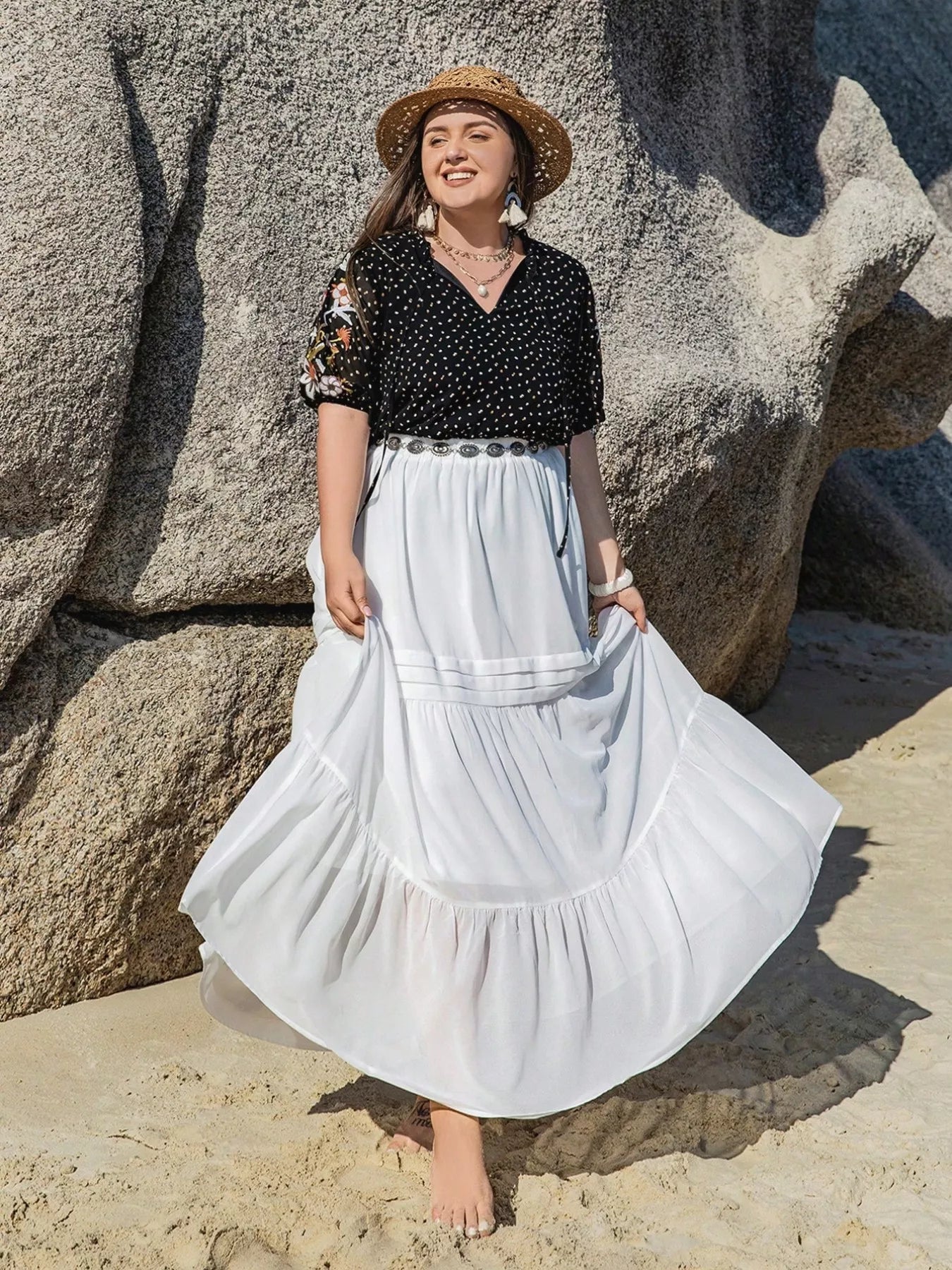 Crowned Energy CO. Black / 0XL Trendsi Plus Size/Plus Size Tops/Plus Size Blouses & Shirts Plus Size Printed Tie Neck Half Sleeve Blouse