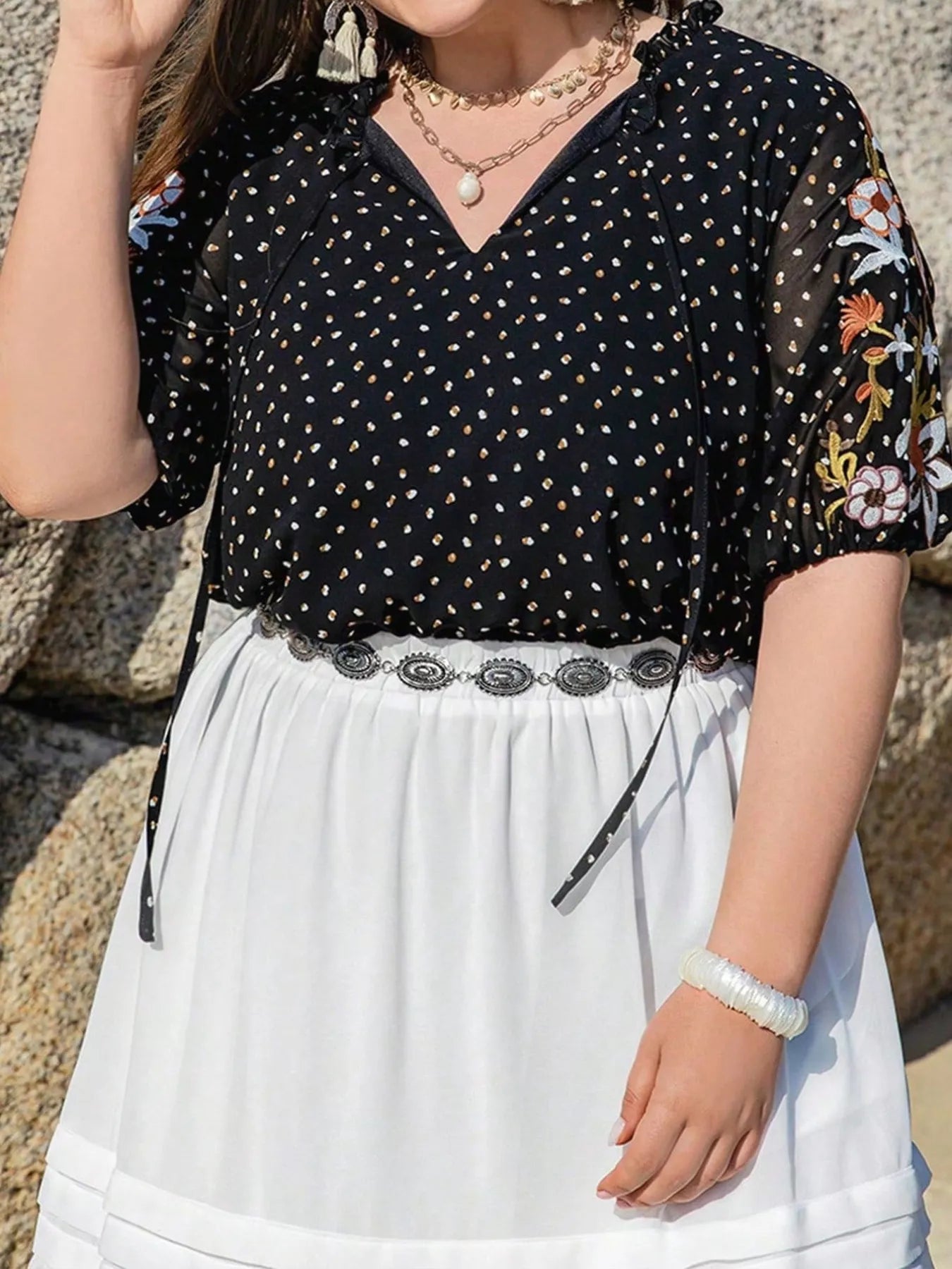 Crowned Energy CO. Black / 0XL Trendsi Plus Size/Plus Size Tops/Plus Size Blouses & Shirts Plus Size Printed Tie Neck Half Sleeve Blouse