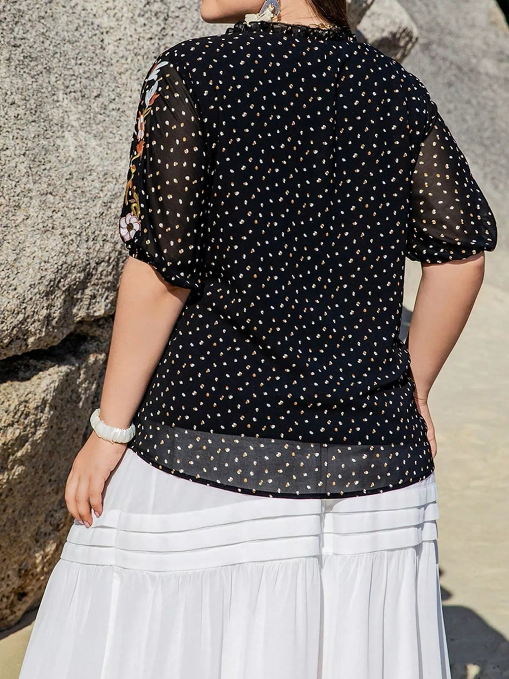 Crowned Energy CO. Black / 0XL Trendsi Plus Size/Plus Size Tops/Plus Size Blouses & Shirts Plus Size Printed Tie Neck Half Sleeve Blouse